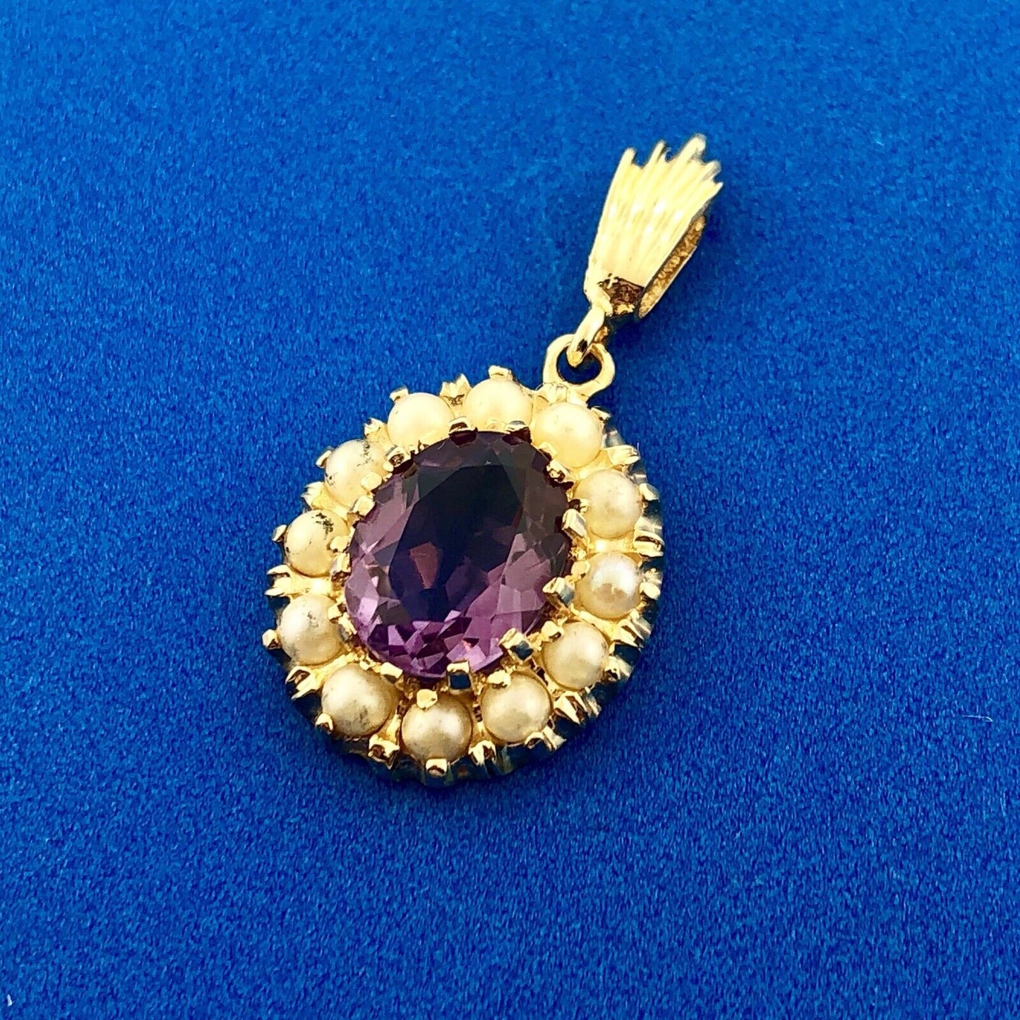 Victorian 14K Yellow Gold Amethyst Seed Pearl Halo February Anniversary Pendant