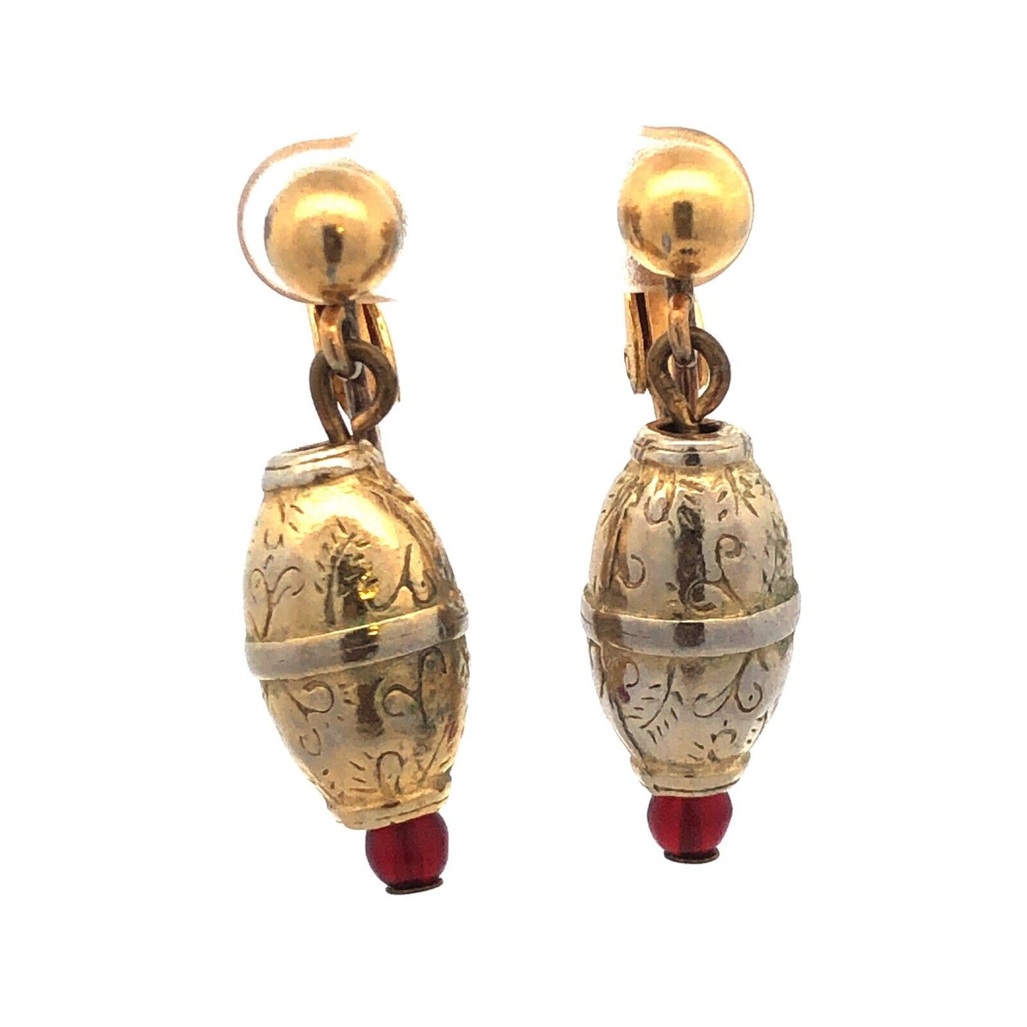 Mid Century Napier Gold Tone Red Bead Floral Scroll Drop Dangle Clip Earrings