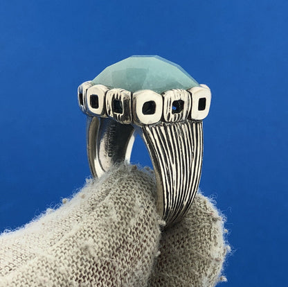 Designer RE Sterling Silver 925 Faceted Blue Aventurine Dome Cocktail Ring