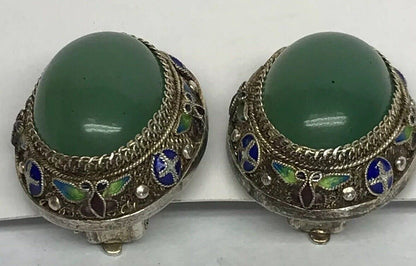 Vintage Artisan Sterling Silver Jade Cloisonne Filigree Statement Clip Earrings