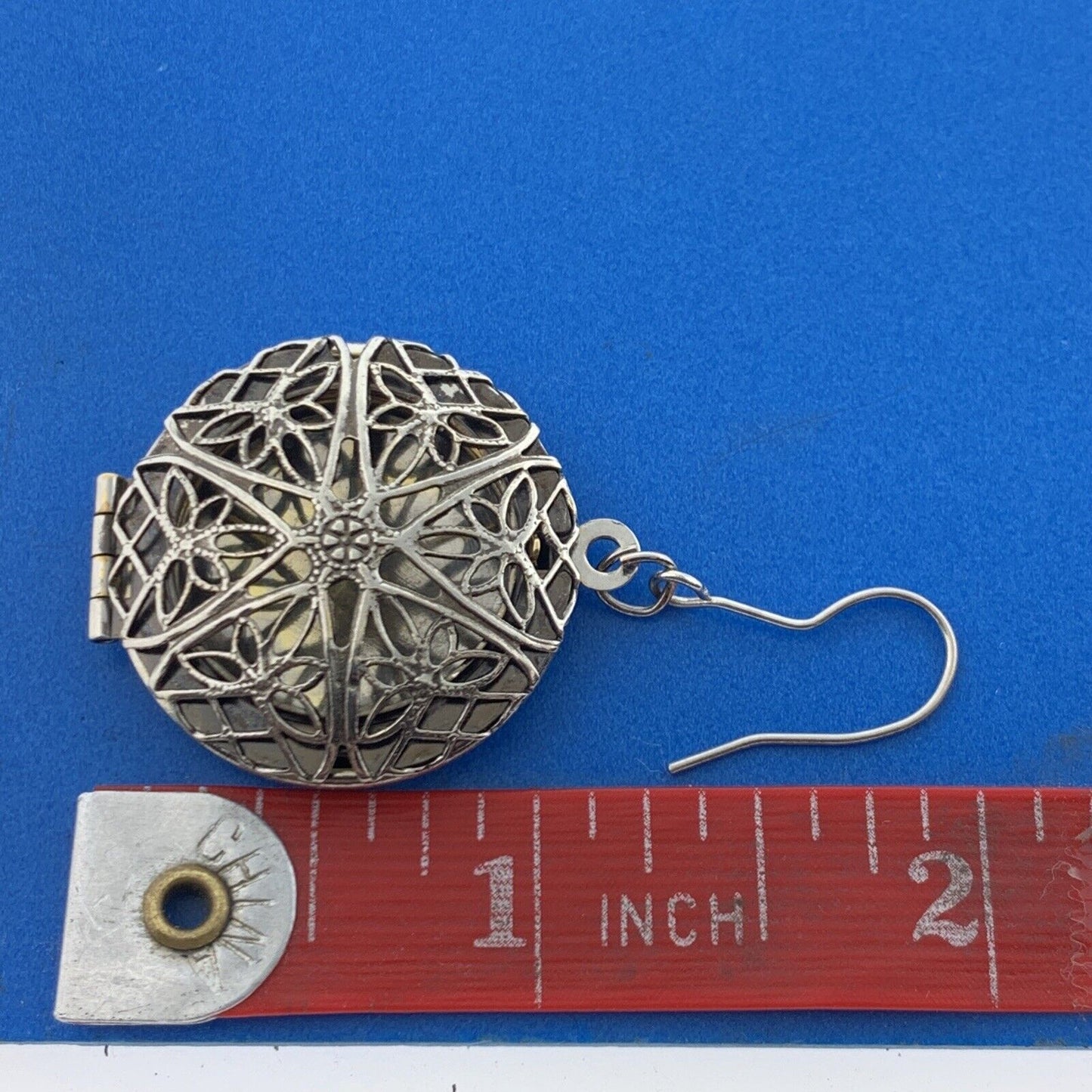 Vintage Silver Tone Balinese Filigree Perfume Photo Locket Drop Dangle Earrings