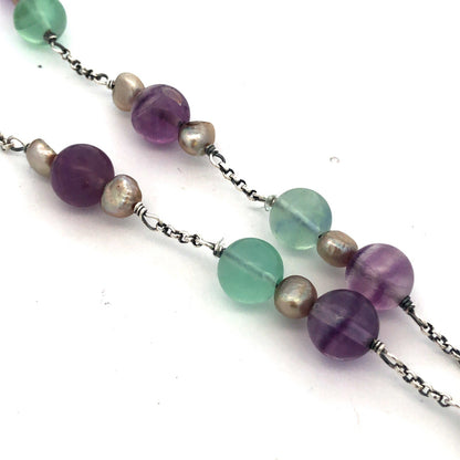 Retired Mignon Faget Sterling Silver Fences Cross Aquamarine Pearl Bead Necklace