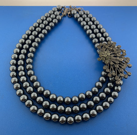 Retro Stunning Gunmetal Gray Faux Pearl Gray Rhinestone Runway 3 Strand Necklace