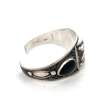 Vintage 925 Sterling Silver Black Onyx Filigree Swirl Open Cuff Bracelet