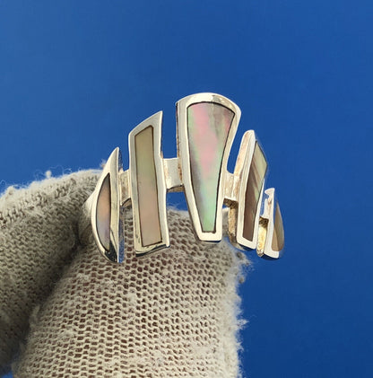 Designer LS Sterling Silver 925 Multi-Color Abalone Modernist Cocktail Ring