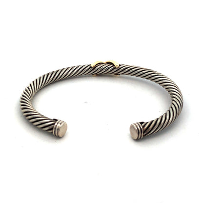 David Yurman 925 Sterling Silver 14K Gold Station Single X Cable Cuff Bracelet