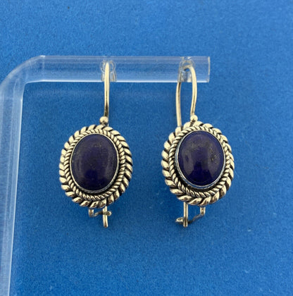 BA Suarti 925 Sterling Silver Lapis-Lazuli Oval Cabochon Dangle Wire Earrings