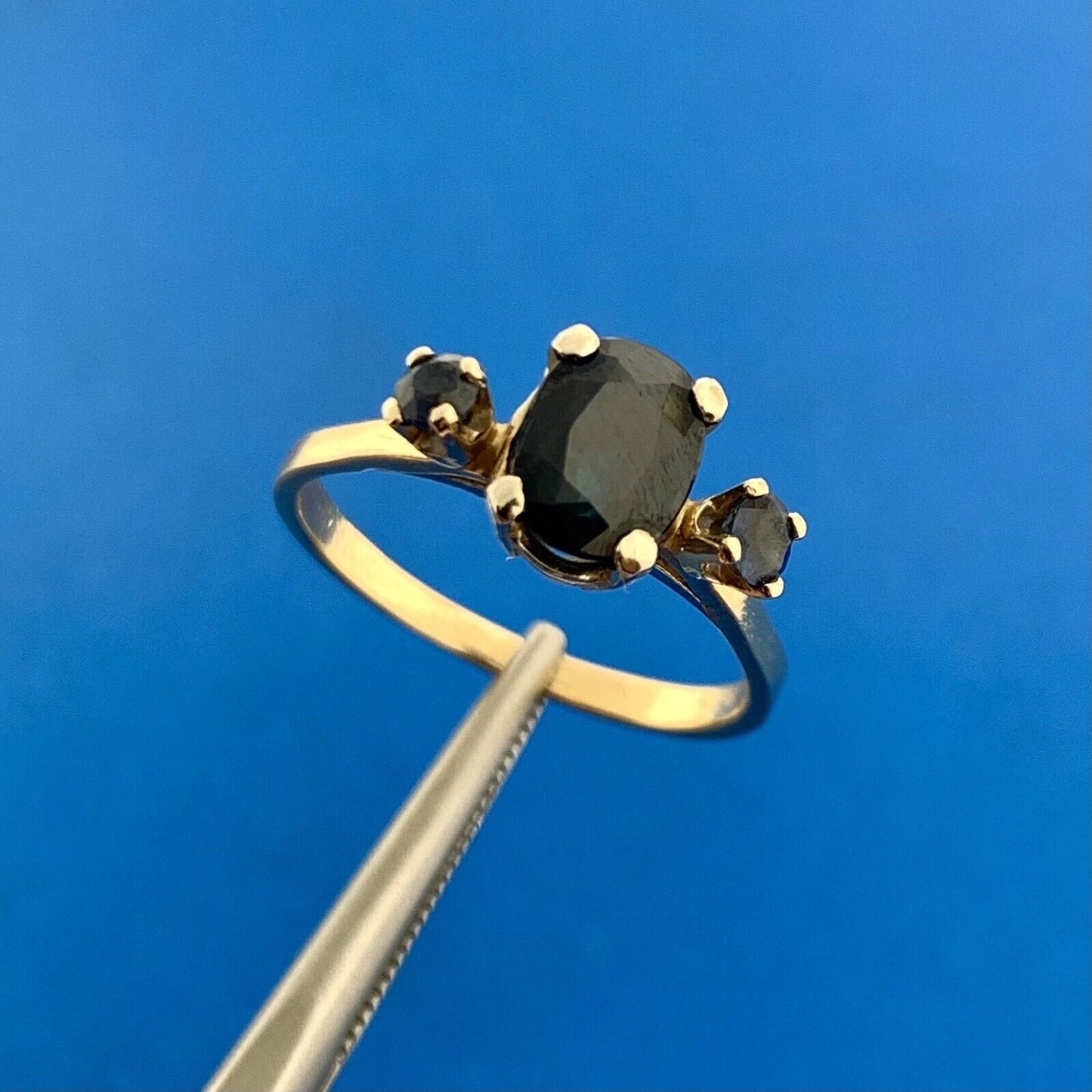 Vintage 14K Yellow Gold Oval Sapphire Solitaire Accented September Occasion Ring