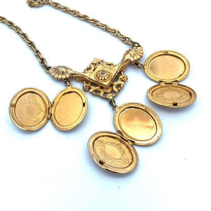 Arthur Pepper Mid Century Gold Tone Oval Locket Double Chain Statement Necklace