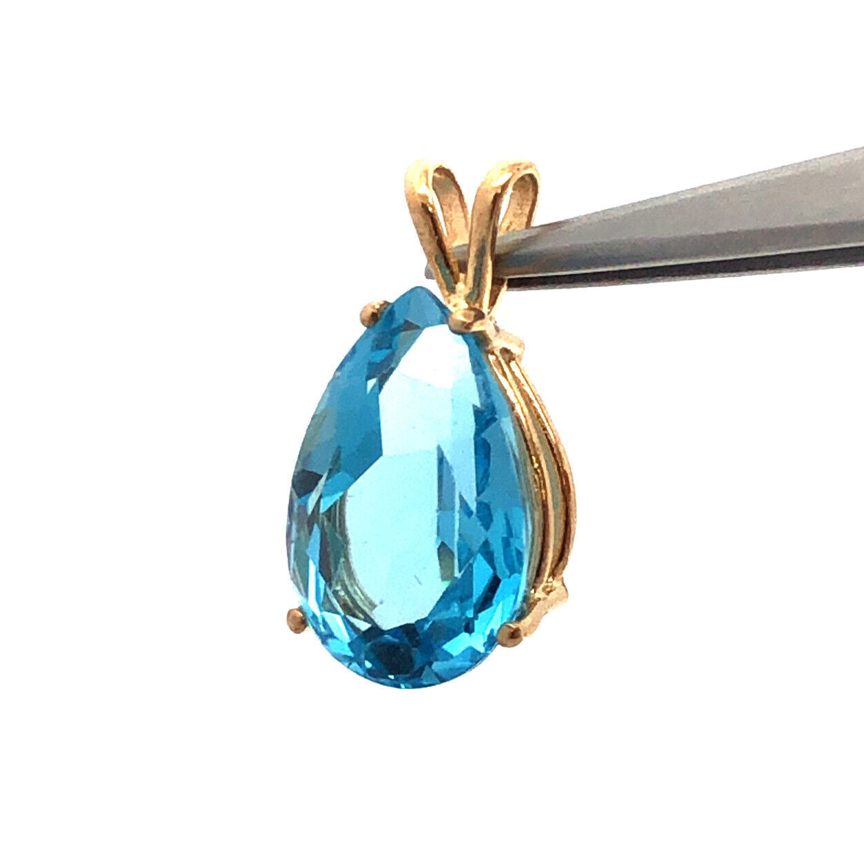 Designer 14K Yellow Gold Pear Shaped Blue Topaz Statement Drop Pendant
