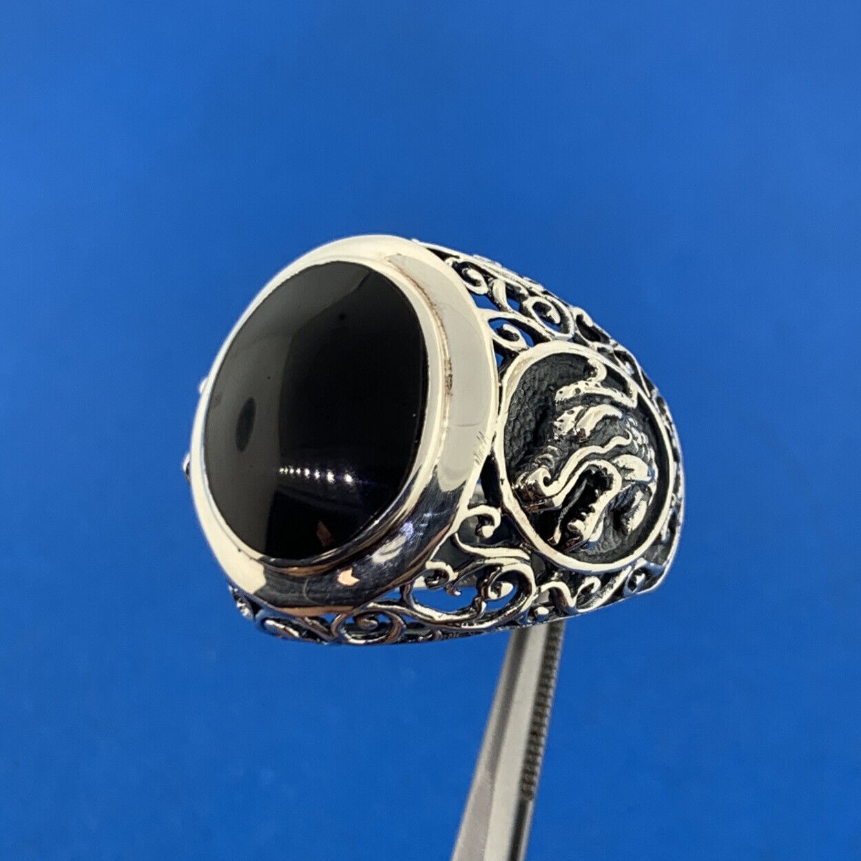 Stunning Sterling Silver 925 Oval Cabochon Onyx Openwork Dragon Ring Size 10