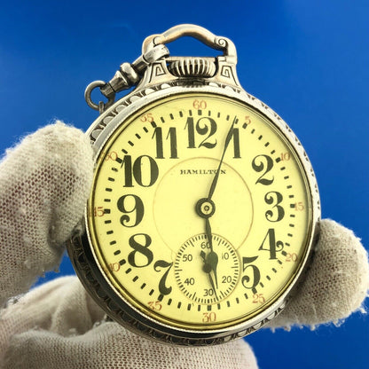 1928 Hamilton 14K White Gold-Filled Railroad Grade Open Face Pocket Watch w/Fob