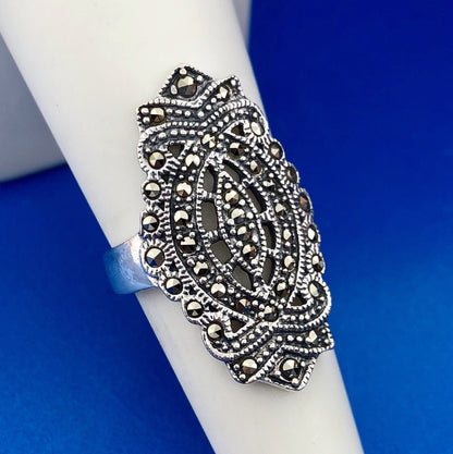 Retro 925 Sterling Silver Marcasite Filigree Scroll Statement Cocktail Ring