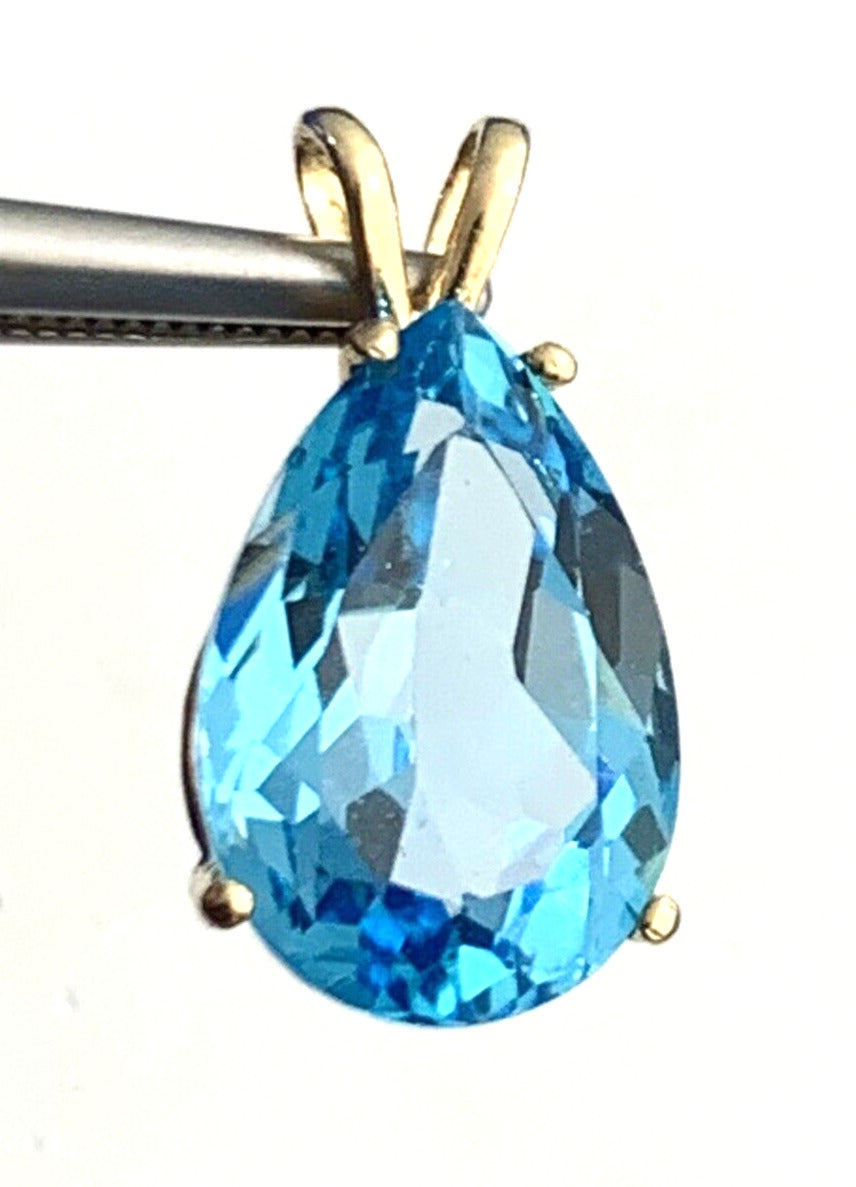 Designer 14K Yellow Gold Pear Shaped Blue Topaz Statement Drop Pendant
