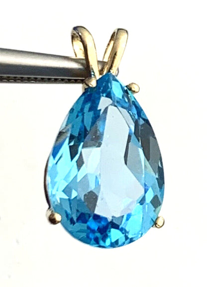 Designer 14K Yellow Gold Pear Shaped Blue Topaz Statement Drop Pendant