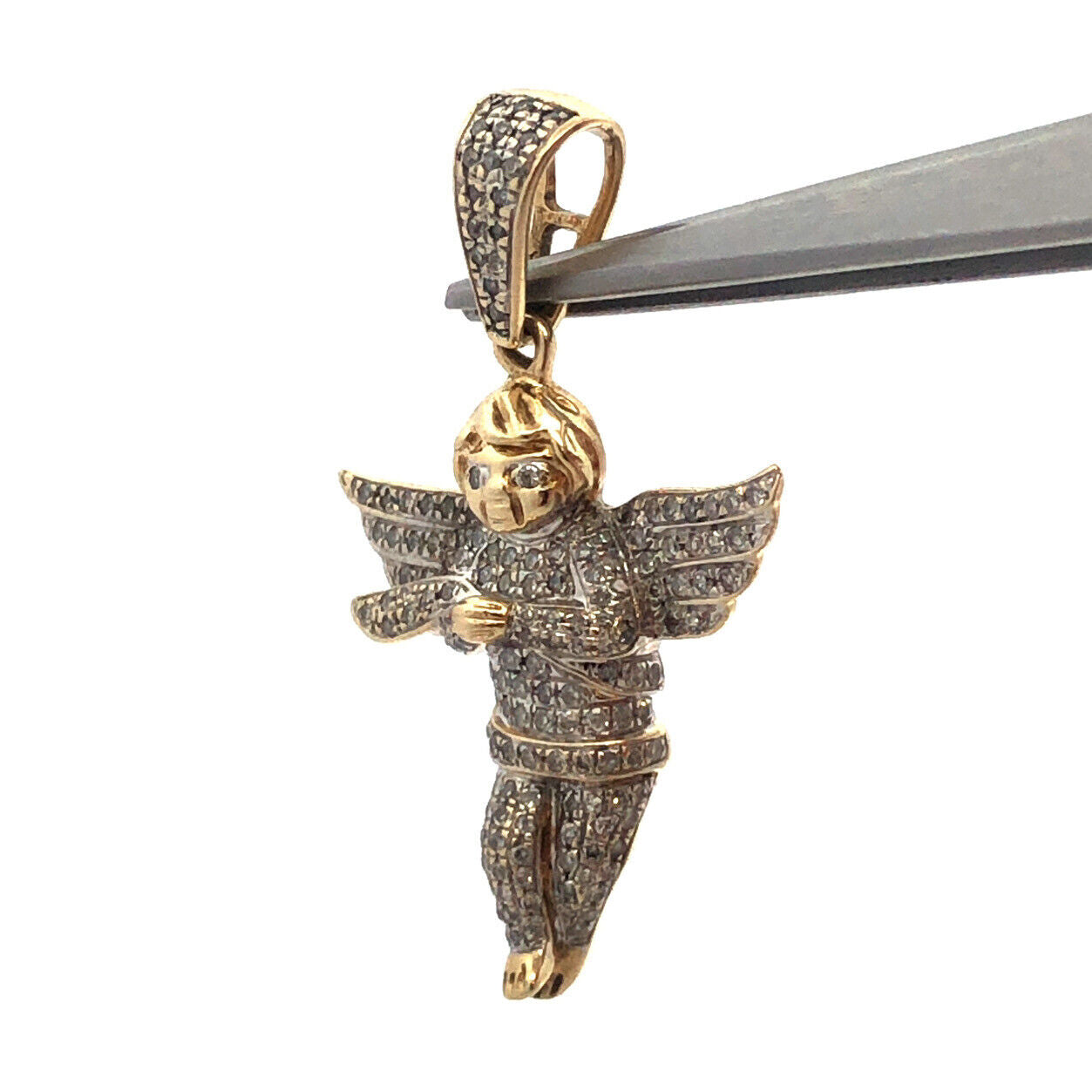 Designer 14K Yellow Gold Round Diamond 3D Cherub Angel Statement Pendant