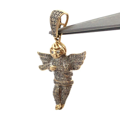Designer 14K Yellow Gold Round Diamond 3D Cherub Angel Statement Pendant