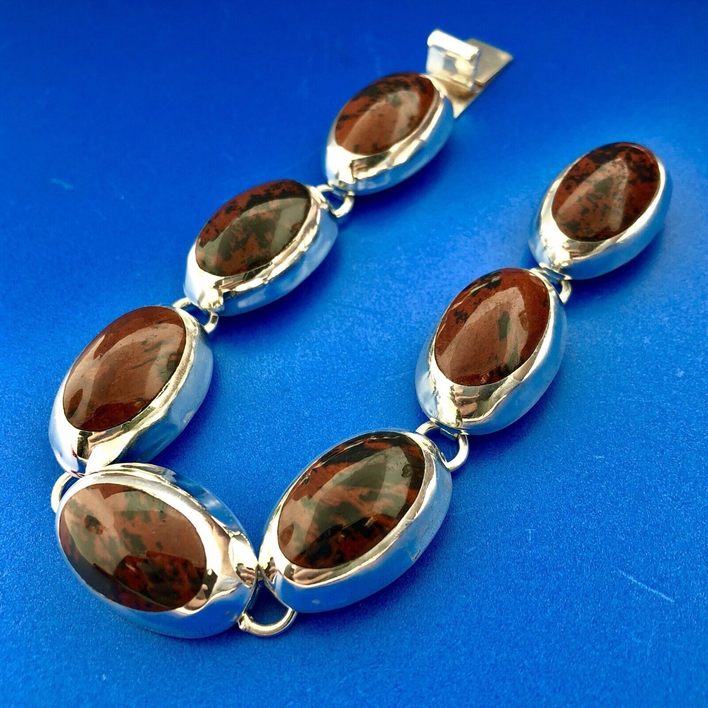 Taxco Mexico 925 Sterling Silver Oval Mahogany Obsidian Cabochon Panel Bracelet
