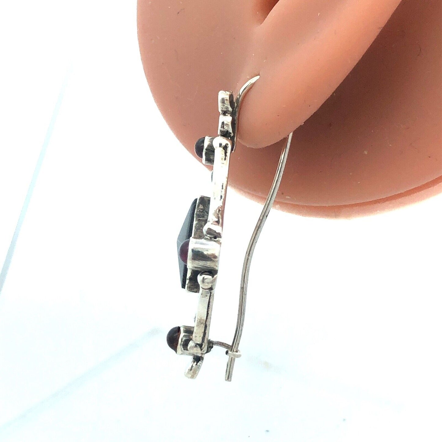 Vintage 925 Sterling Silver Black Onyx Amethyst Hook Statement Dangle Earrings