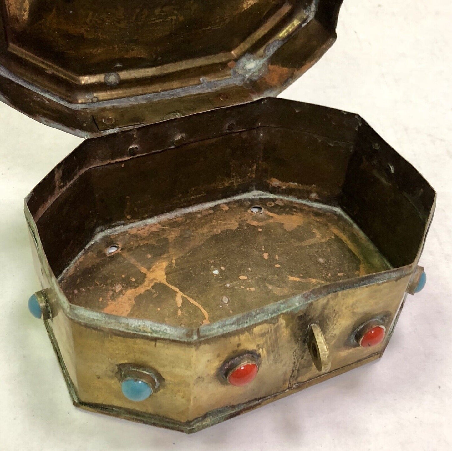 Vintage India Artisan Brass Jeweled Handled Lockable Latched Trinket Jewelry Box