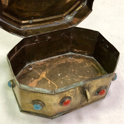 Vintage India Artisan Brass Jeweled Handled Lockable Latched Trinket Jewelry Box
