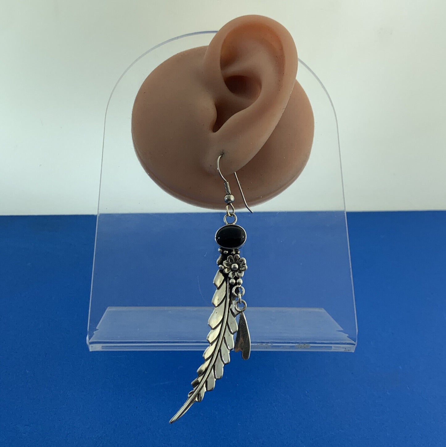 Vintage Native American 925 Sterling Silver Black Onyx Dangle Feather Earrings