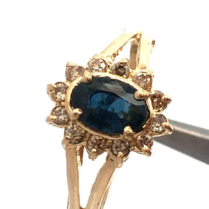 14K Yellow Gold Vintage Oval Blue Sapphire Round Diamond Halo Anniversary Ring