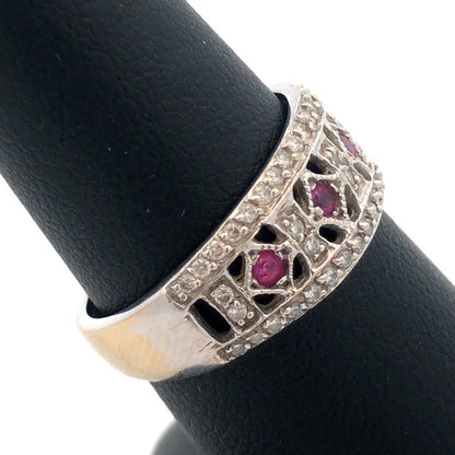 Vintage Art Deco 18k White Gold Filigree Ruby & Diamond Ring Size 7.5