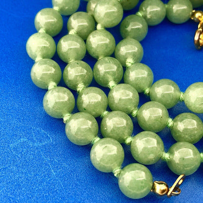 Vintage Gold Tone Hand Knotted Green Jade Jadeite Large Bead Necklace