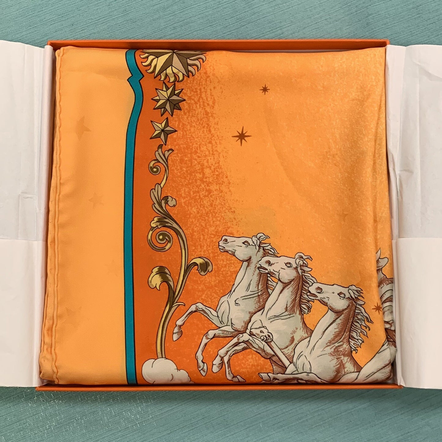 Hermes Carre 90 100% Silk Paris P Ledoux Cosmos Orange/Ylw Neckerchief Scarf