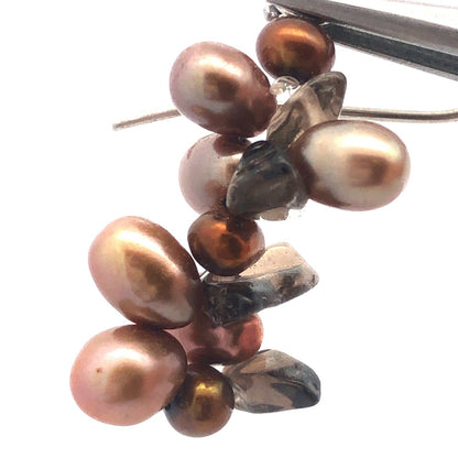 Designer 925 Sterling Silver Pearl Smoky Topaz Cluster Dangle Drop Hook Earrings