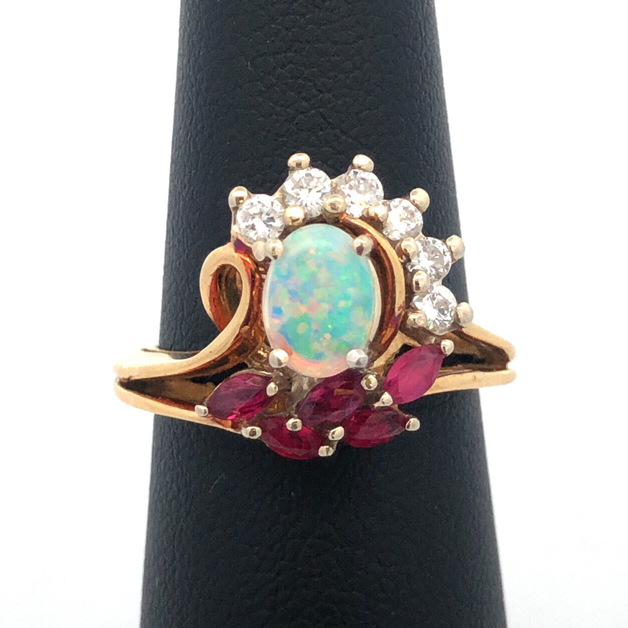 Vintage Gemco 18K Yellow Gold Opal Ruby Diamond Free Form Cocktail Ring