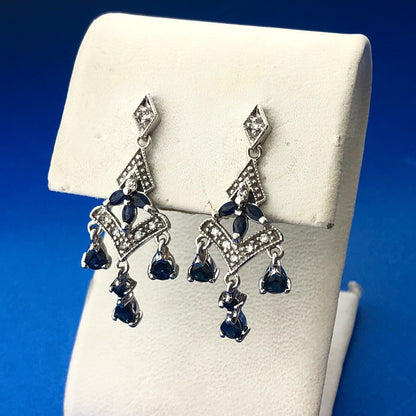 Fabulous 14K White Gold Sapphire Diamond Accented Chandelier Dangle Earrings