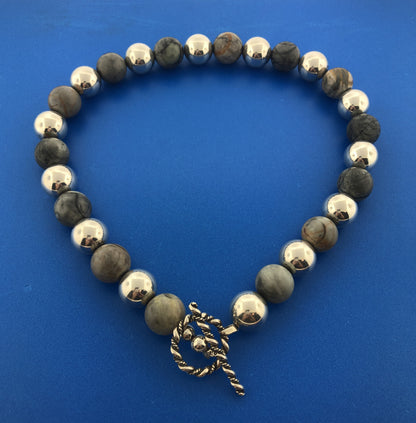 Lovely Sterling Silver 925 Cabochon Gray Jasper Bead Toggle 16" Strand Necklace