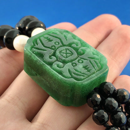 Art Deco Freshwater Pearl Black Jet Bead Carved Jade Jadeite Pendant Necklace