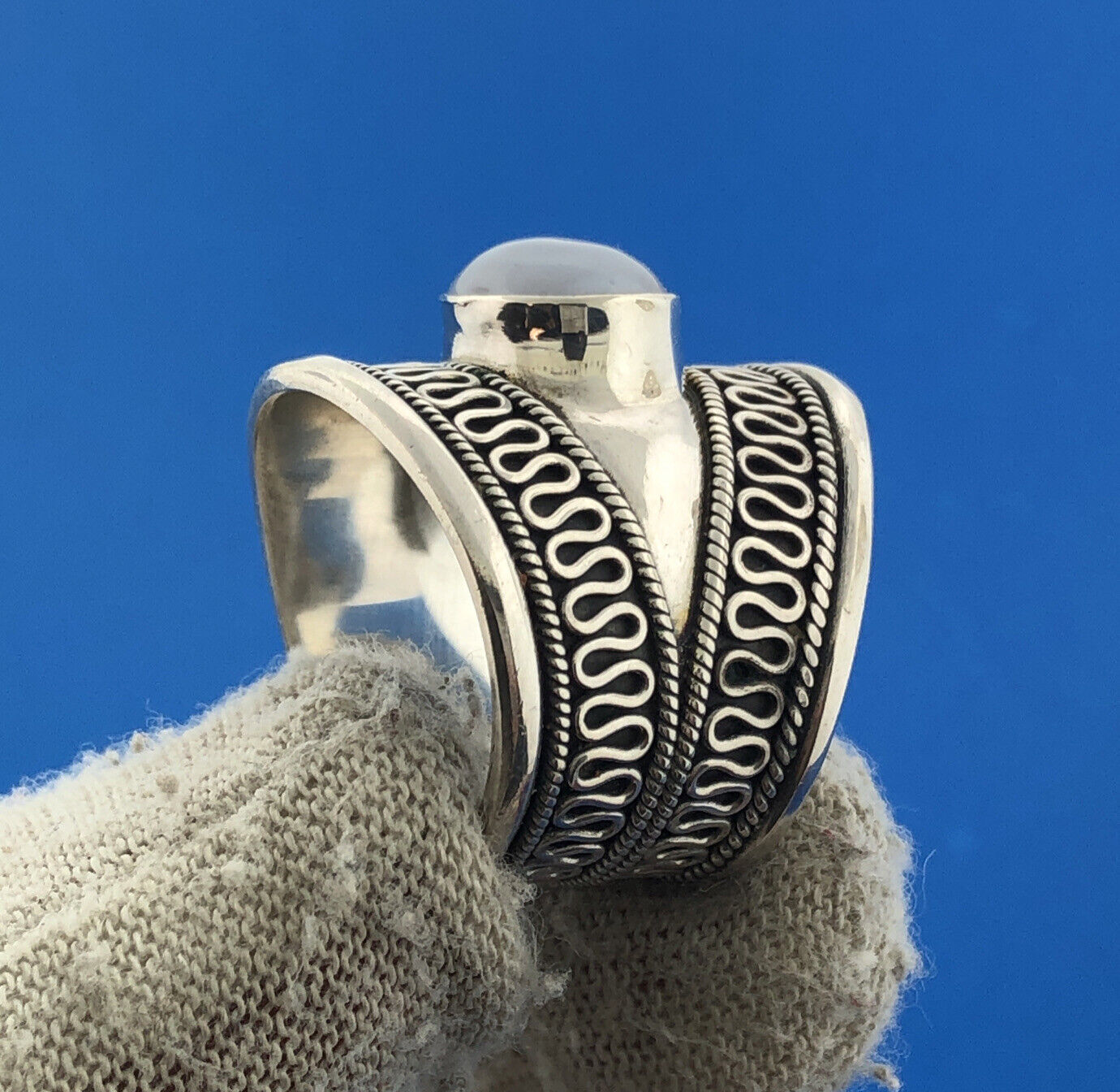 Designer BA Suarti Sterling Silver 925 Chalcedony Blue Lace Agate Cocktail Ring