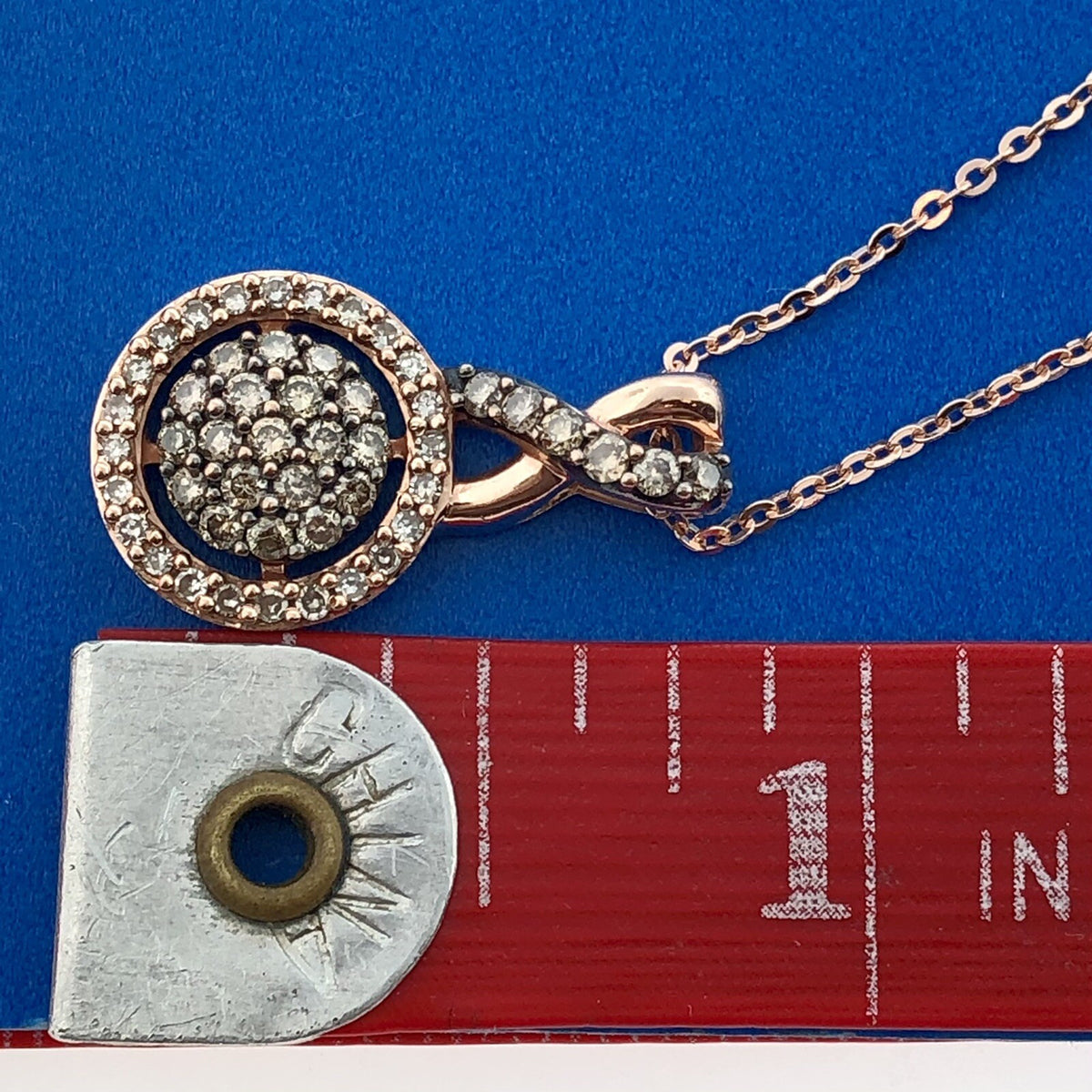 Designer 14K Rose Gold Champagne White Diamond Infinity Eternity Circle Necklace
