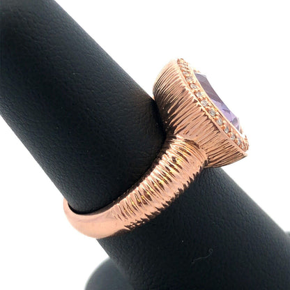 Designer 14K Rose Gold Oval Amethyst Diamond Halo Statement Size 7 Cocktail Ring