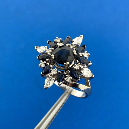 Designer 18K White Gold Sapphire Diamond Star Cluster September Anniversary Ring