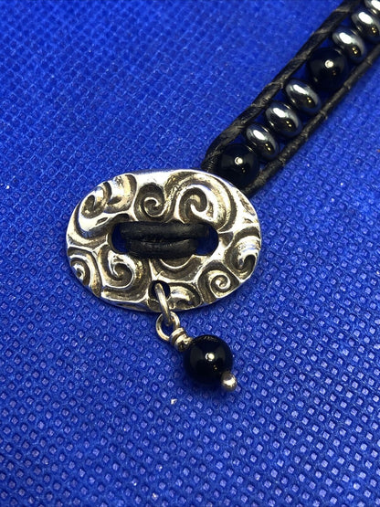 Unisex 999 Fine Silver Medallion Black Onyx Hematite Bead Black Leather Bracelet