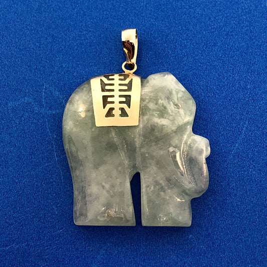 Vintage 14K Yellow Gold Carved Jade Jadeite Elephant Long Life Good Luck Pendant
