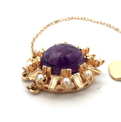 Estate 14K Yellow Gold Oval Carved Amethyst Scarab Pearl Slide Bracelet Clasp