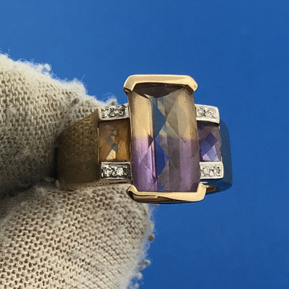 14k Yellow Gold Rectangular Faceted Ametrine Amethyst Citrine Ring Size 5.5