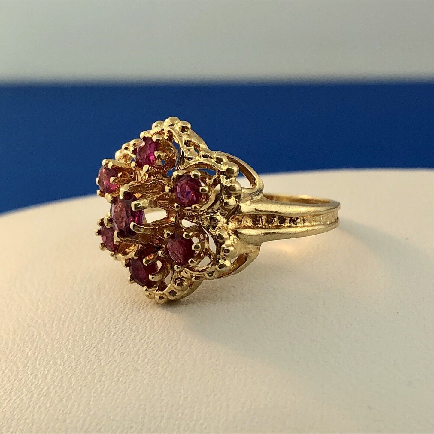 Perfect 14K Yellow Gold Ruby Flower Cluster July Anniversary Sweetheart Ring