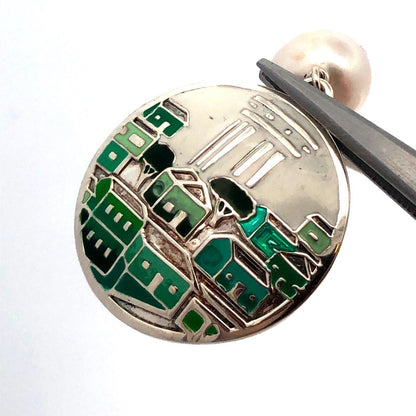 Vintage Casa De Oro 925 Sterling Silver Pearl Enamel Round City Dangle Earrings