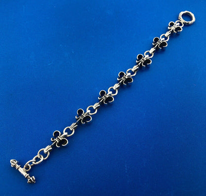 Retro 925 Sterling Silver Fleur De Lis Link Panel Toggle Bracelet