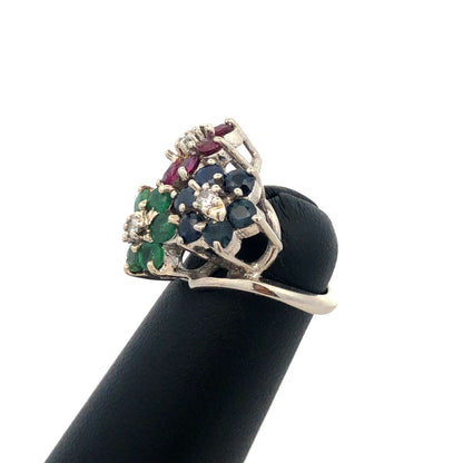 KOL 14K White Gold Round Ruby Sapphire Emerald Topaz Floral Cluster Pinky Ring
