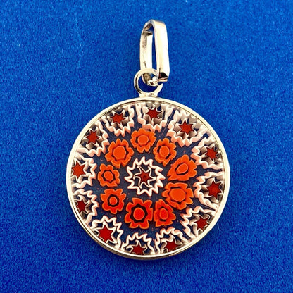 Vintage Italy Sterling Silver 925 Murano Millefiori Art Glass Disc Pendant