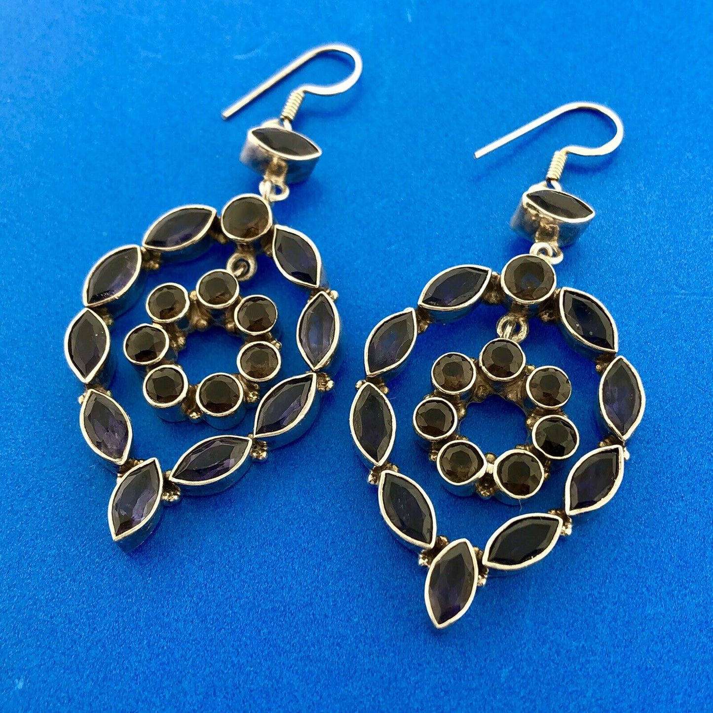 Estate 925 Sterling Silver Iolite Smoky Quartz Statement Drop Dangle Earrings