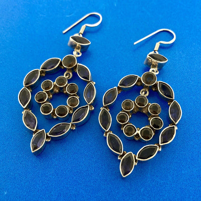 Estate 925 Sterling Silver Iolite Smoky Quartz Statement Drop Dangle Earrings